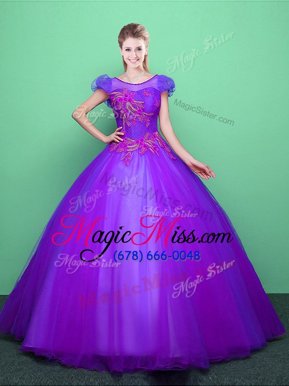 Stunning Scoop Short Sleeves Floor Length Lace Up Quinceanera Dresses Purple and In for Military Ball and Sweet 16 and Quinceanera with Appliques