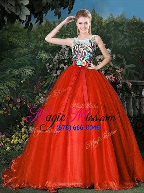 Scoop Sleeveless Quinceanera Dress Brush Train Appliques and Belt Red Organza