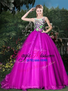 Custom Made Scoop Fuchsia Ball Gowns Appliques and Belt 15 Quinceanera Dress Zipper Organza Sleeveless