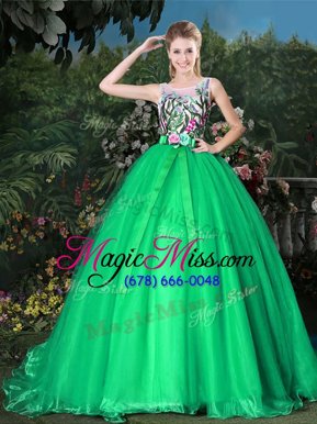 Dramatic Brush Train Ball Gowns 15th Birthday Dress Green Scoop Organza Sleeveless Zipper