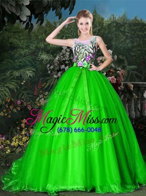 Suitable Organza Zipper Scoop Sleeveless Ball Gown Prom Dress Brush Train Appliques and Belt