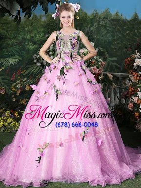 Cute Scoop Lace Up Quinceanera Dresses Lilac and In for Military Ball and Sweet 16 and Quinceanera with Appliques Brush Train