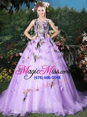 Adorable Lavender Ball Gowns Scoop Sleeveless Organza Brush Train Lace Up Appliques Vestidos de Quinceanera