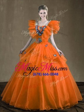 Sleeveless Organza Floor Length Lace Up Quince Ball Gowns in Orange for with Appliques and Ruffles