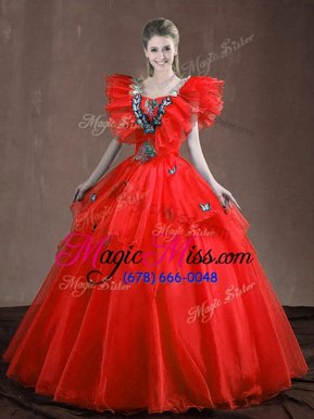Fashion Red Sleeveless Organza Lace Up 15th Birthday Dress for Military Ball and Sweet 16 and Quinceanera