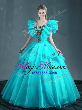 Best Selling Aqua Blue Sweetheart Lace Up Embroidery Sweet 16 Dress Sleeveless