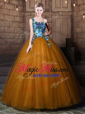 Enchanting One Shoulder Floor Length Lace Up 15 Quinceanera Dress Brown and In for Military Ball and Sweet 16 and Quinceanera with Pattern