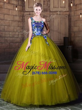 Luxurious Olive Green Ball Gowns Tulle One Shoulder Sleeveless Pattern Floor Length Lace Up Quinceanera Gowns