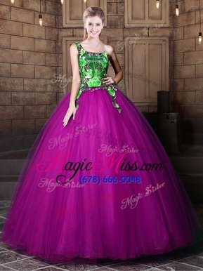Top Selling One Shoulder Floor Length Purple Quince Ball Gowns Tulle Sleeveless Pattern