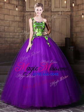 Discount Eggplant Purple Ball Gowns Tulle One Shoulder Sleeveless Pattern Floor Length Lace Up Quinceanera Dress