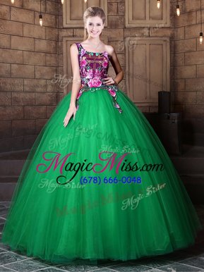 New Style Green Ball Gown Prom Dress Military Ball and Sweet 16 and Quinceanera and For with Pattern One Shoulder Sleeveless Lace Up