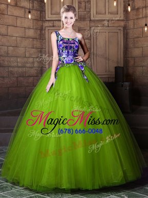 Perfect One Shoulder Floor Length Lace Up Sweet 16 Dresses Olive Green and In for Military Ball and Sweet 16 and Quinceanera with Pattern