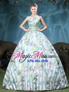 Customized Tulle Straps Sleeveless Lace Up Appliques and Pattern Quince Ball Gowns in Multi-color