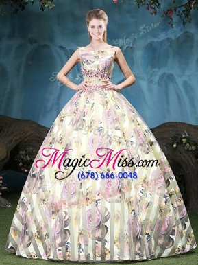 Dramatic Straps Sleeveless Quinceanera Dress Floor Length Appliques and Pattern Multi-color Tulle