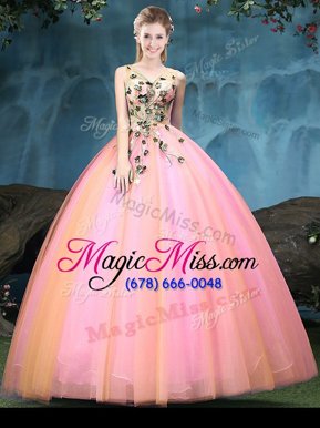 Superior Sleeveless Tulle Floor Length Lace Up Ball Gown Prom Dress in Multi-color for with Appliques