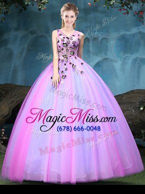 Sophisticated Floor Length Multi-color Quinceanera Gown V-neck Sleeveless Lace Up