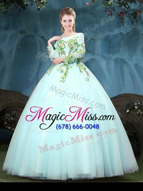 Most Popular Scoop Long Sleeves Floor Length Appliques Lace Up Sweet 16 Dress with Aqua Blue