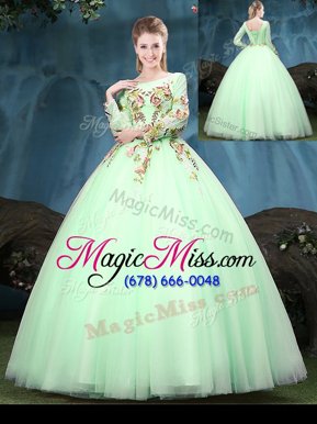 Scoop Long Sleeves Quinceanera Gowns Floor Length Appliques Apple Green Tulle