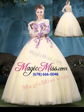 Delicate Scoop Tulle Long Sleeves Floor Length Ball Gown Prom Dress and Appliques