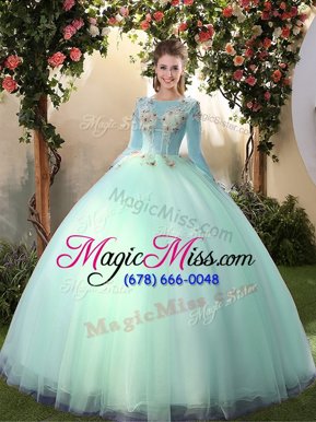 Ball Gowns Quinceanera Dresses Light Blue Scoop Tulle Long Sleeves Floor Length Lace Up