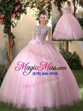 Tulle Scoop Long Sleeves Lace Up Appliques Quince Ball Gowns in Baby Pink