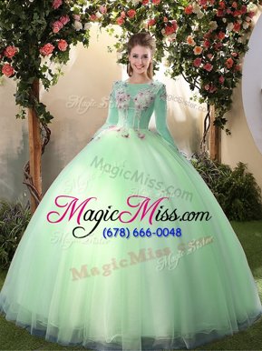 Low Price Apple Green Ball Gowns Tulle Scoop Long Sleeves Appliques Floor Length Lace Up Vestidos de Quinceanera