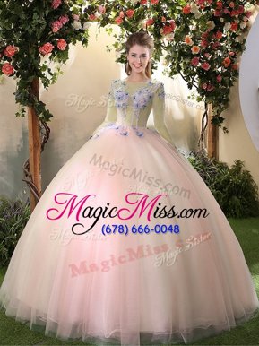 Edgy Scoop Long Sleeves Floor Length Appliques Lace Up Quinceanera Dresses with Peach
