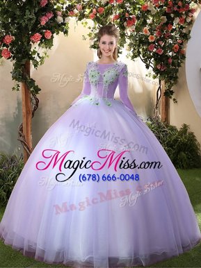 Fashion Ball Gowns Quinceanera Dress Lavender Scoop Tulle 3|4 Length Sleeve Floor Length Lace Up