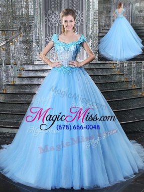 Fitting With Train Light Blue Ball Gown Prom Dress Straps Sleeveless Brush Train Lace Up