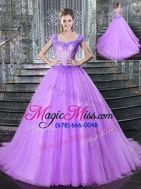 Noble Brush Train Ball Gowns 15 Quinceanera Dress Lilac Straps Tulle Sleeveless With Train Lace Up