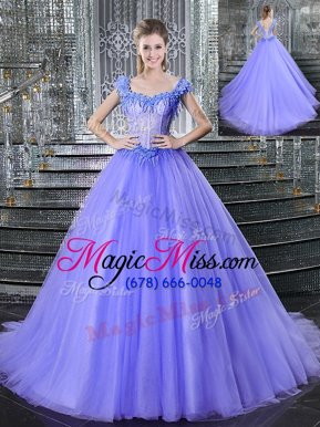 High Class Lavender Lace Up Straps Beading Quinceanera Gowns Tulle Sleeveless Brush Train