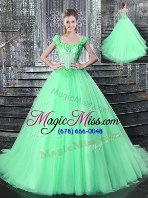 Apple Green Straps Neckline Beading and Appliques 15 Quinceanera Dress Sleeveless Lace Up