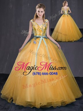 Excellent Floor Length Lace Up Ball Gown Prom Dress Gold and In for Military Ball and Sweet 16 and Quinceanera with Appliques and Belt