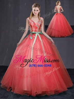 Customized Tulle Sleeveless Floor Length Sweet 16 Dresses and Appliques and Belt