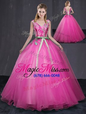 High End Tulle Sleeveless Floor Length Quinceanera Dress and Appliques and Belt