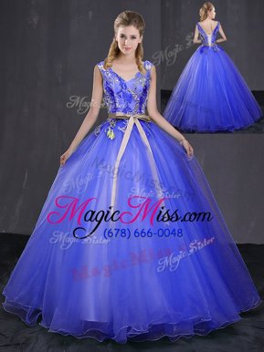 Custom Designed Royal Blue Sweet 16 Dress Military Ball and Sweet 16 and Quinceanera and For with Appliques and Belt V-neck Sleeveless Lace Up