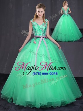Fancy Turquoise Sleeveless Tulle Lace Up 15 Quinceanera Dress for Military Ball and Sweet 16 and Quinceanera