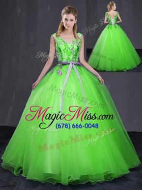 Ball Gowns V-neck Sleeveless Tulle Floor Length Lace Up Appliques and Belt Quinceanera Dresses
