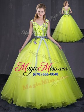 Luxurious Yellow Green Sleeveless Floor Length Appliques and Belt Lace Up Quinceanera Dress