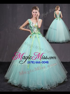 Elegant Aqua Blue Sleeveless Floor Length Appliques and Belt Lace Up 15th Birthday Dress