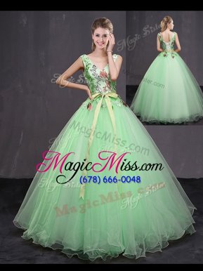 Fashionable Tulle Sleeveless Floor Length Ball Gown Prom Dress and Appliques and Belt