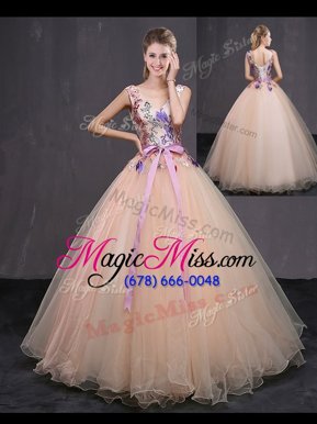 Sleeveless Lace Up Floor Length Appliques and Belt 15th Birthday Dress