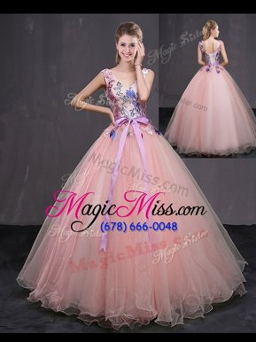 Glorious Floor Length Ball Gowns Sleeveless Baby Pink Quinceanera Gowns Lace Up