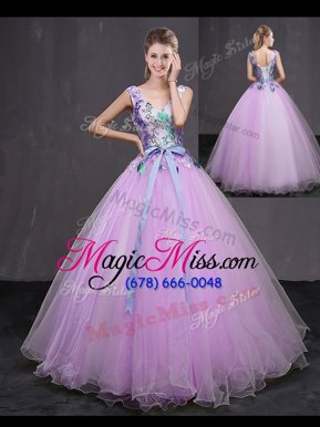 Modest Sleeveless Floor Length Appliques and Belt Lace Up Sweet 16 Dress with Lilac