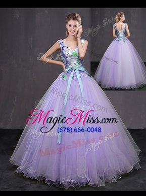Glittering Lavender Ball Gown Prom Dress Military Ball and Sweet 16 and Quinceanera and For with Beading and Belt V-neck Sleeveless Lace Up