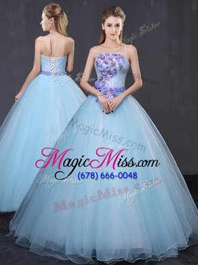 Clearance Light Blue Ball Gowns Tulle Strapless Sleeveless Appliques and Belt Floor Length Lace Up Vestidos de Quinceanera