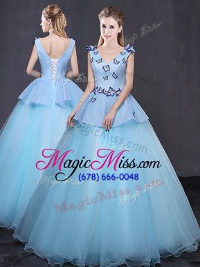 Smart Floor Length Light Blue Sweet 16 Dress V-neck Sleeveless Lace Up