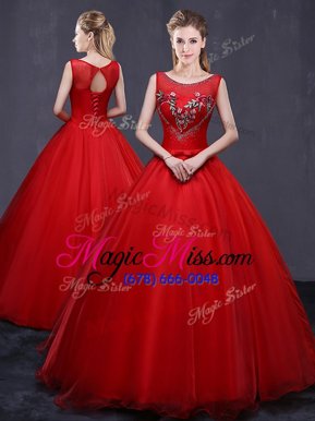 High End Floor Length Red Sweet 16 Quinceanera Dress Scoop Sleeveless Lace Up