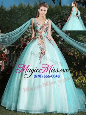 Glorious With Train Ball Gowns Sleeveless Aqua Blue Sweet 16 Dresses Brush Train Lace Up