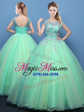 Deluxe Yellow Green Lace Up Scoop Appliques Sweet 16 Dresses Tulle Cap Sleeves